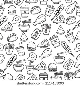 Fast food seamless doodle pattern with black and white color. Set of foods doodle illustration