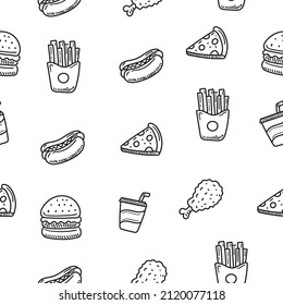 Comida rápida patrón de doodle sin fisuras con un color blanco y negro adecuado para el fondo. Conjunto de ilustraciones de doodles de comida rápida