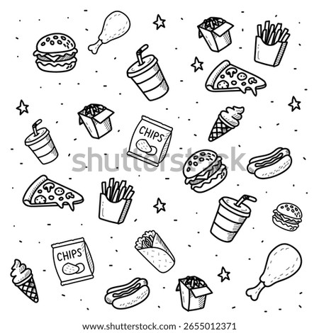 Fast food seamless doodle pattern with burgers, pizza, fries, hot dogs and drinks in hand drawn black and white sketch style