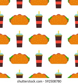 Fast food seamless hamburger vector pattern. Burger and Fast food background. Juicy burger vector eps10. Tasty big juicy burgers with tomato salad cheese on white background. American dinner concept.