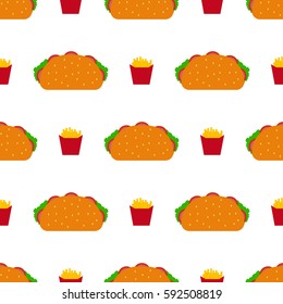 Fast food seamless hamburger vector pattern. Burger and Fast food background. Juicy burger vector eps10. Tasty big juicy burgers with tomato salad cheese on white background. American dinner concept.