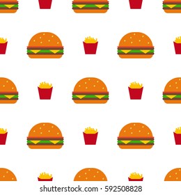 Fast food seamless hamburger vector pattern. Burger and Fast food background. Juicy burger vector eps10. Tasty big juicy burgers with tomato salad cheese on white background. American dinner concept.