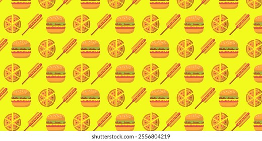 Fast food seamless pattern background with icons of hamburger, pizza, hot dog, on white and yellow background.