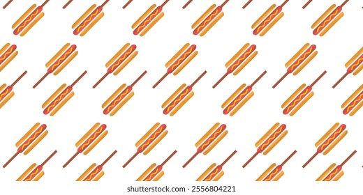 Fast food seamless pattern background with icons of hamburger, pizza, hot dog, on white and yellow background.