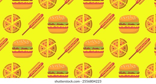 Fast food seamless pattern background with icons of hamburger, pizza, hot dog, on white and yellow background.