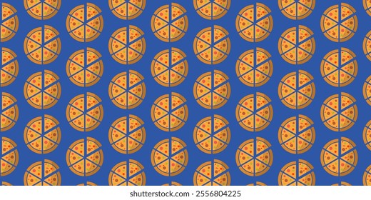 Fast food seamless pattern background with icons of hamburger, pizza, hot dog, on white and yellow background.