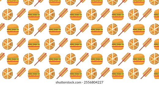 Fast food seamless pattern background with icons of hamburger, pizza, hot dog, on white and yellow background.