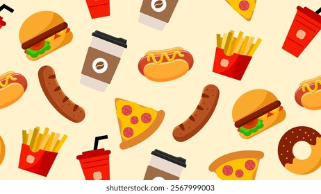 Fast food seamless pattern background. Vector of fast food. Cartoon style. Perfect for fabric, textile, wallpaper, decor, print or packaging of products. SSTKbackgrounds
