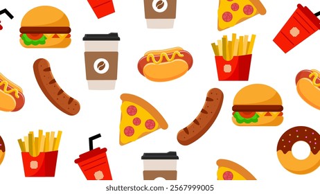 Fast food seamless pattern background. Vector of fast food. Cartoon style. Perfect for fabric, textile, wallpaper, decor, print or packaging of products. SSTKbackgrounds