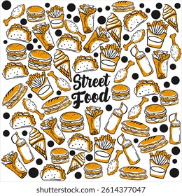 fast food seamless pattern background vector illustration line art icon perfect for menu decoration wallpaper or food package design