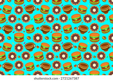 Fast food seamless pattern background. Cute burger, donut, and coffee pattern. Colorful cartoon fast food background. Fun fast food seamless design. Bright food pattern for kids.