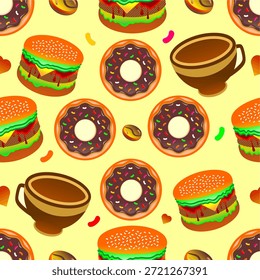 Fast food seamless pattern background. Cute burger, donut, and coffee pattern. Colorful cartoon fast food background. Fun fast food seamless design. Bright food pattern for kids.