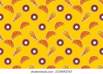Fast food seamless pattern background. Croissant, donut and fried chicken pattern. Colorful cartoon fast food background. Fun fast food seamless design. Bright food pattern for cafe menu.
