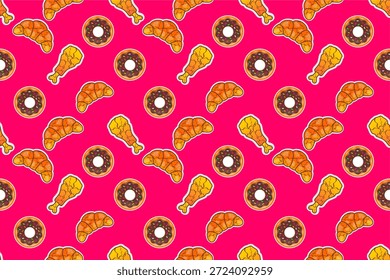 Fast food seamless pattern background. Croissant, donut and fried chicken pattern. Colorful cartoon fast food background. Fun fast food seamless design. Bright food pattern for cafe menu.
