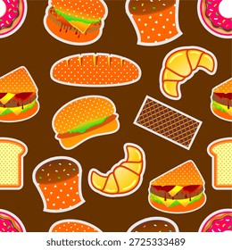 Fondo de patrón sin fisuras de comida rápida. Vector de coloridas comidas rápidas de dibujos animados. Patrón de Vector colorido con comidas rápidas. Fondo de Vector de comida rápida sin fisuras.