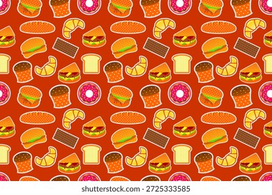 Fondo de patrón sin fisuras de comida rápida. Vector de coloridas comidas rápidas de dibujos animados. Patrón de Vector colorido con comidas rápidas. Fondo de Vector de comida rápida sin fisuras.
