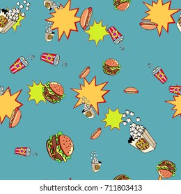 Fast food seamless pattern background. pop art retro vector illustration