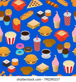 Fast Food Seamless Pattern Background Isometric View for Menu with Hotdog Pizza Chicken and Donut Element. Vector illustration