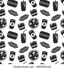 Fast food. Seamless pattern. Black and white background