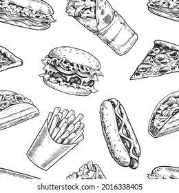 Fast Food Seamless Pattern. Black and white engraving style illustrations of burger, pizza, sandwich, taco, french fries, hot dog and shawarma. EPS10 vector illustration.