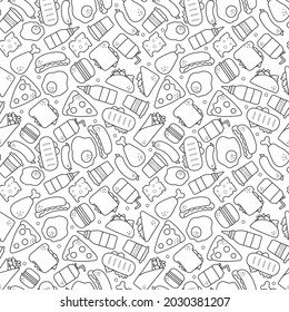  Fast food seamless pattern. Seamless pattern of black and white fast food icons. For the design of the menu of restaurants and fast food outlets. Vector illustration