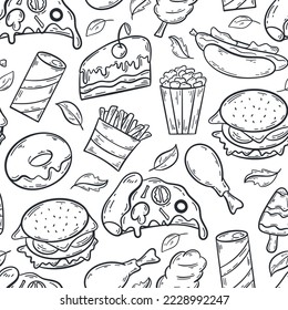 Patrón de comida rápida sin fisuras. Comida negra y fondo de bebida. Tinta dibujada a mano estilizada bocadillo americano sobre fondo blanco. Impresión para la ilustración de embalajes, papel, paquetes y vectores de diseño