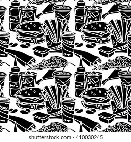 Fast food seamless pattern. Black and white. Vector illustration of hamburger, hot dog, french fries, chicken legs, sweet beverages, sauces, pizza, etc.