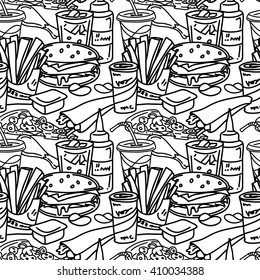 Fast food seamless pattern. Black and white. Vector illustration of hamburger, hot dog, french fries, chicken legs, sweet beverages, sauces, pizza, etc.