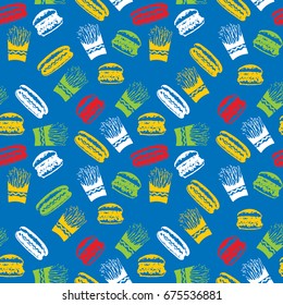 Fast Food seamless pattern blue  background