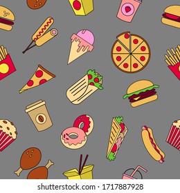 Fast food seamless pattern. Bright and juicy fast food icons on a gray background.Pizza, Burger, hot dog, corn dog, ice cream, roll, coffee, pancake, French fries, donuts, shake,sandwich.