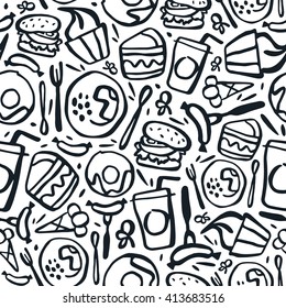 Fast food seamless pattern in brush drawing style. Black print on white background