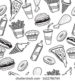 Fast food seamless pattern. Burger, pizza, hot dog, french fries, chicken leg, drink in cup, ice cream, cupcake, donut, ketchup icons. Simple black white sketch. Street food. Hand drawn vector