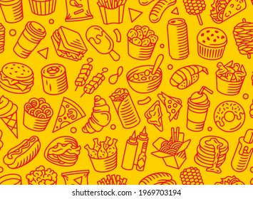 Fast food seamless pattern. Burger, hot dog, pizza and other food red vector pattern on yellow background. Best for restaurants, cafes, bars and food courts.