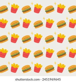 Fast food seamless pattern. seamless pattern with burger and french fries on soft background