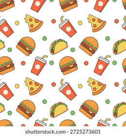 Patrón inconsútil de la comida rápida con la hamburguesa, la rebanada de la pizza, el taco y la taza de refresco en el fondo blanco