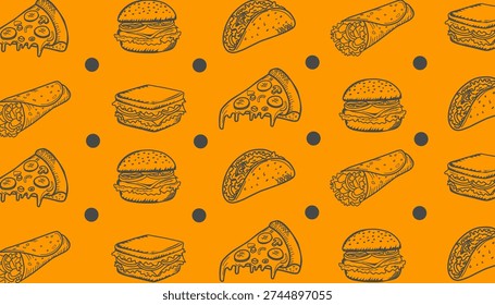 Fast Food Seamless Pattern. Burger Pizza Taco Kebab Motif. Hand Drawn Outline Illustration. Monochrome And Color Variations. Packaging Textile Background Design.
