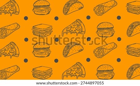Fast Food Seamless Pattern. Burger Pizza Taco Kebab Motif. Hand Drawn Outline Illustration. Monochrome And Color Variations. Packaging Textile Background Design.