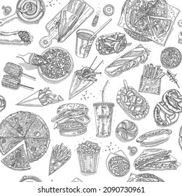 Fast food seamless pattern. Burgers, pizzas, sausages, pop corn, french fries, coffe etc.. Fish and Chips. Sketchy hand-drawn vector illustration. 