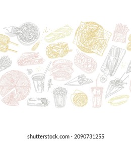 Fast food seamless pattern. Burgers, pizzas, sausages, pop corn, french fries, coffe etc.. Fish and Chips. Sketchy hand-drawn vector illustration. 