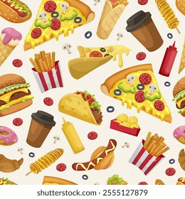 Fast food seamless pattern with burgers, pizza, and fries. Vector illustration