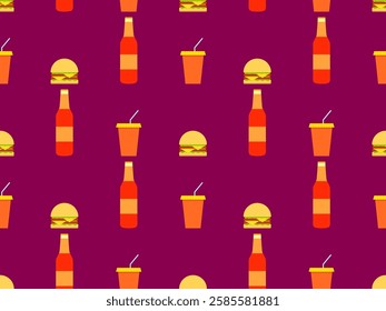 Fast food seamless pattern with burgers, soda and bottled drinks. Paper cups with carbonated drinks and cheeseburgers. Design for wrappers, wallpapers, covers, banners and posters. Vector illustration