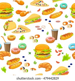 Fast food seamless pattern with burgers and tacos sushi and pizza drinks and pastry vector illustration