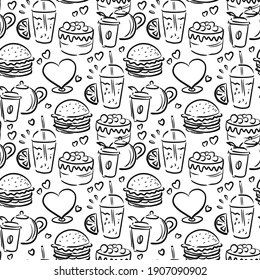 Nahtlose Muster für schnelle Lebensmittel. Café-Menü drucken. Burger, Kuchen, Kaffee, Limonade, Teesymbole. Vektordoodle-Hintergrund.