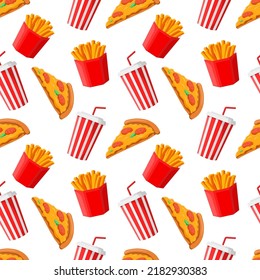 Fast food seamless pattern cartoon vector illustration. Pizza, french fries, soda drink. Background. Junk food texture on white background