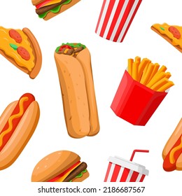 Fast food seamless pattern cartoon vector illustration. Pizza, french fries, soda drink, shawarma, hot dog. Background. Junk food texture on white background