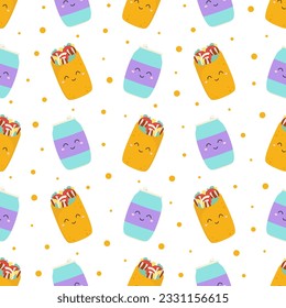 fast food seamless pattern, cartoon vector illustration of soda drink and shawarma or burritos, background with street food