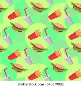 Fast food seamless pattern with cheeseburgers vegetables, french fries, soda