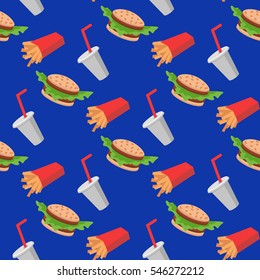 Fast food seamless pattern with cheeseburgers vegetables, french fries, soda