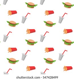 Fast food seamless pattern with cheeseburgers vegetables, french fries, soda