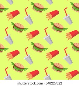 Fast food seamless pattern with cheeseburgers vegetables, french fries, soda